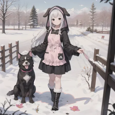 Cute anime style woman around 30 years old with white Hair, long Hair, (black Eyes:1.5), wearing a pink dog-themed kigurumi with floppy ears and paw mittens. She has a simple white apron over her outfit. She is smiling gently and standing in a snowy landsc...
