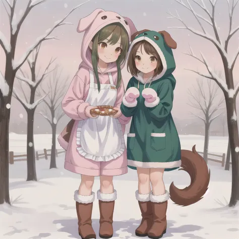Cute anime style woman around 30 years old with green Hair, long Hair, (brown Eyes:1.5), wearing a pink dog-themed kigurumi with floppy ears and paw mittens. She has a simple white apron over her outfit. She is smiling gently and standing in a snowy landsc...