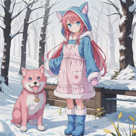 Cute anime style woman around 30 years old with red Hair, long Hair, (blue Eyes:1.5), wearing a pink dog-themed kigurumi with floppy ears and paw mittens. She has a simple white apron over her outfit. She is smiling gently and standing in a snowy landscape...