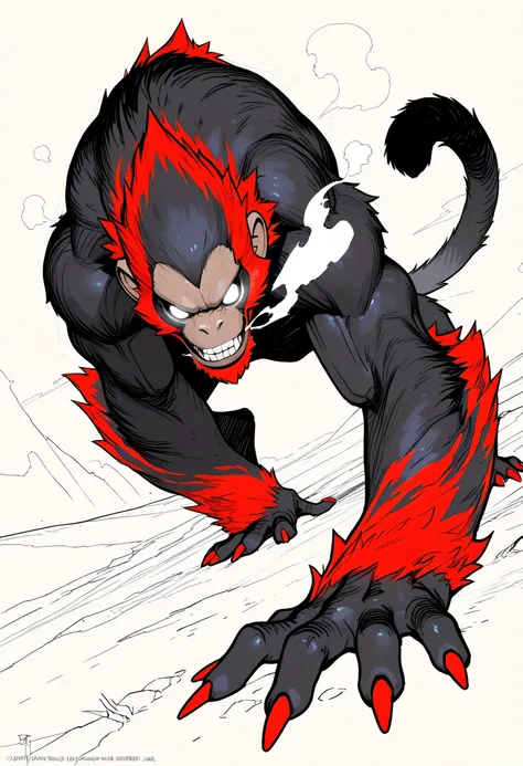 Game monster, sketch, concept art, monkey mandrill, bright color,  Breath steam, black and red furr, white eyes, round eyes , glowing eyes, muscular, on plain white canvas, rough, thin lines, 2d, concepts art, On all fours, large, wide front arms, and smal...