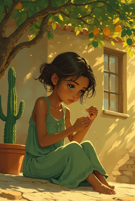 estilo realista.  A dark-skinned girl , small with short brown hair and expressive blue eyes, sitting in the shade of a fruit tree. She wears a green dress with lace details and buttons, and delicately holds a thread or small object between her fingers, sh...