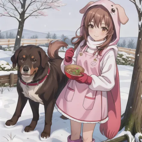 Cute anime style woman around 30 years old with brown Hair, long Hair, (brown Eyes:1.5), wearing a pink dog-themed kigurumi with floppy ears and paw mittens. She has a simple white apron over her outfit. She is smiling gently and standing in a snowy landsc...