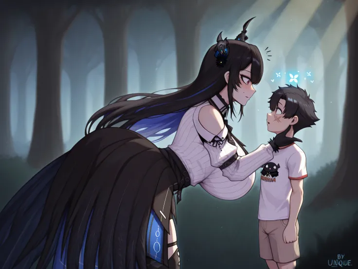 two characters, interaction, 1girl:2.5, Nerissa Ravencroft:2.5, Hololive, demonic idol, long dark hair with blue streaks, small black horns, elegant dress, leaning towards Josay, curious expression, unique traits only for Nerissa, full-height, 1boy:2.5, Jo...