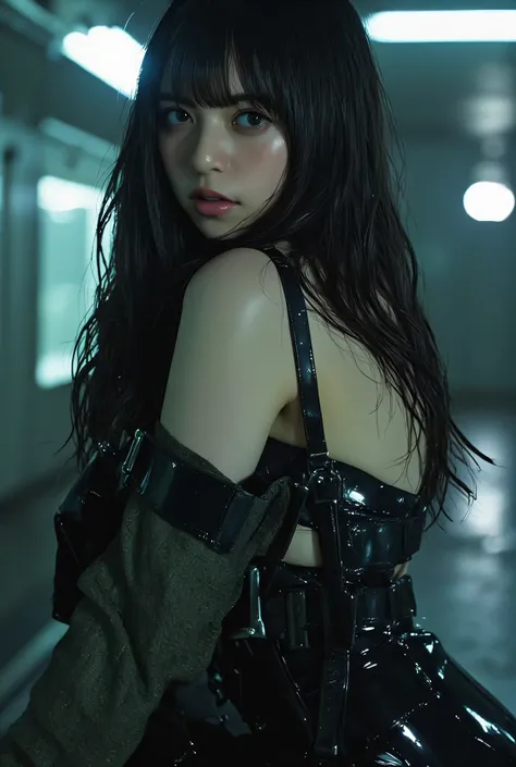 (((Inside a dark spaceship:2.0))),(((HR Gigger-style cyberpunk atmosphere:2.0))),(((with a cyberpunk Japanese sword:2.0))),side view from the back,Side pose,((I turn around to look at the camera:2.0)),((Looking Back Over Her Shoulder:2.0)),Rear View,One wo...