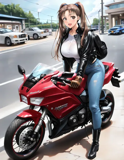 cinematic lighting,Soft Light,masterpiece, newest, lively, very aesthetic, high contrast,mature women who are rebellious to me,solo,((KanouRyouko, twintails, brown hair, long hair, brown eyes)),((Leather Gloves, black rider's jacket that crosses a Rolls Ro...