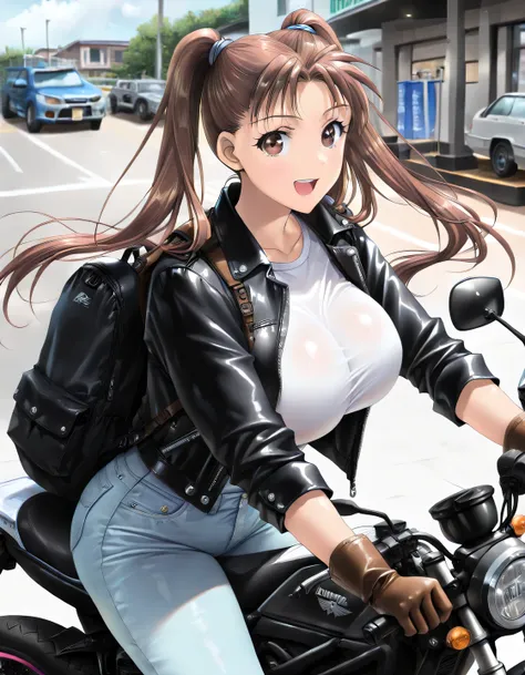 cinematic lighting,Soft Light,masterpiece, newest, lively, very aesthetic, high contrast,mature women who are rebellious to me,solo,((KanouRyouko, twintails, brown hair, long hair, brown eyes)),((Leather Gloves,black rider's jacket ,whiteＴshirt, jeans,carr...