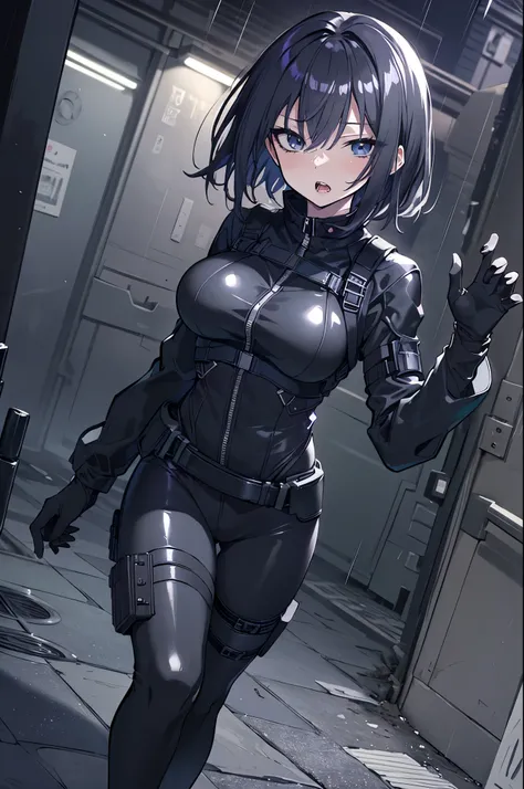 ((best quality)), ((masterpiece)), (detailed), anime girl gesture, walking, mirando al espectador, shy look, short black hair, big breasts, sexy, ,ojos detaileds, blue eyes, ((pale skin)), tactical hip covers, tactical equipment , chest harness , ((batt...