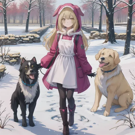  Cute anime style woman around 30 years old with blonde Hair, long Hair, (yellow Eyes:1.5), wearing a pink dog-themed kigurumi with floppy ears and paw mittens. She has a simple white apron over her outfit. She is smiling gently and standing in a snowy lan...