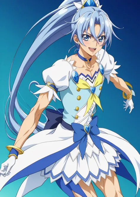 score 9 、score 8 up、score 7 up、source anime、傑作、最高品質、高解像度、anime coloring、1boy、cure diamond、(male:1.5)、blue haired male character is wearing a blue dress、high long ponytail hair、dia shape hair ornament、solo、portrait of magical boy、boy is wearing a white and ...
