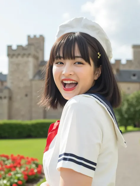  (((Hirose Suzu,bob hair in a medieval castle、black hair、Front、upper body、garden、white sailor suit、18 years old,)))((Please open your mouth wide、smile))（（8k、high definition））