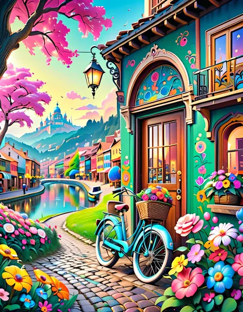landscape、people at the entrance、street corner with cobblestones with reflections、pink and white flowers、to create a fun and dreamy atmosphere、Vintage-like、Waiting for、are placed on the front basket of a retro green bicycle、red or yellow、pink colorful flow...