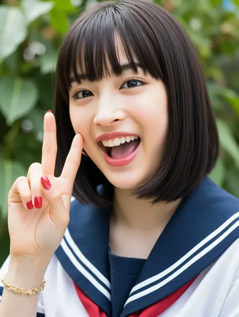  (((Cute Girl,Bob hair in the classroom、black hair、Front、upper body、garden、navy blue sailor suit、18 years old,)))((Please open your mouth wide、smile))（（8k、high definition））