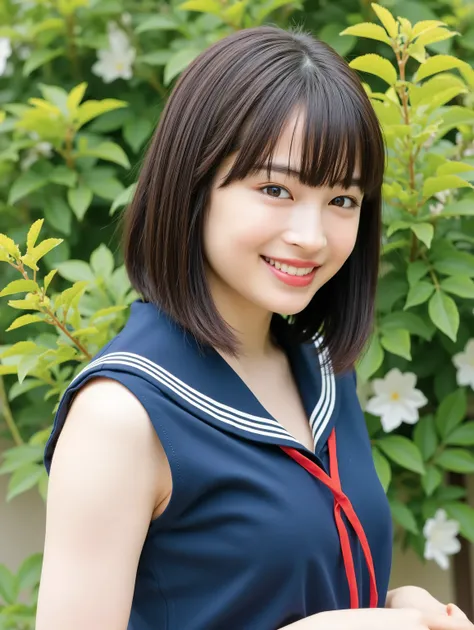  (((Cute Girl,Bob hair in the park、black hair、Front、upper body、garden、navy blue sailor suit、18 years old,)))((Please open your mouth wide、smile))（（8k、high definition））