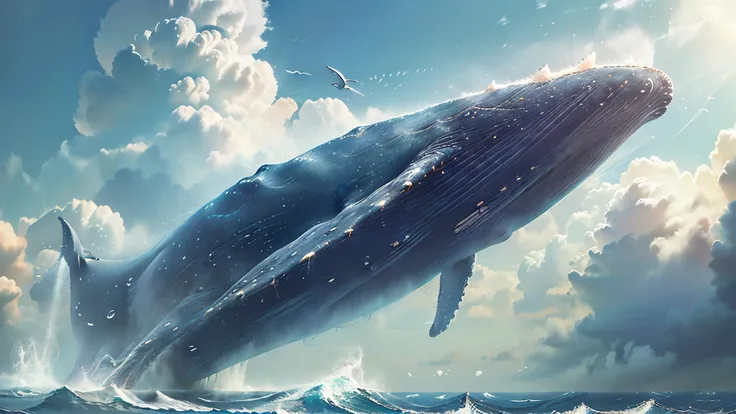 masterpiece, Highest Quality , details,(blue whale like in an encyclopedia/Blue Whale:1.5),(A huge pure white whale is flying over a sea of clouds:1.5), SUPER REAL EXPRESSION,Peaceful Atmosphere,  Peaceful Scenery , (Vast horizon:1.5), Tranquil Beauty , So...