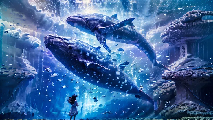 The supergiant aquarium of the future,is full of colorful creatures I've never seen before swimming,Super giant aquarium,A 100m water tank that is enough to look up,girl is looking up on her shoulder,