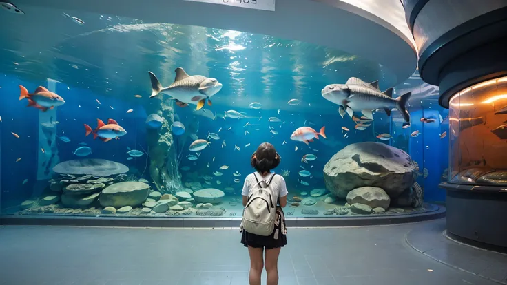 The supergiant aquarium of the future,is full of colorful creatures I've never seen before swimming,Super giant aquarium,A 100m water tank that is enough to look up,girl is looking up on her shoulder,