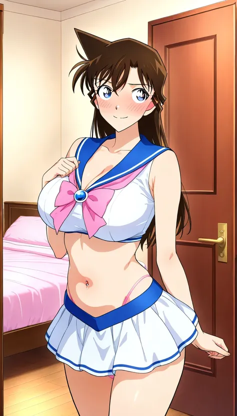 masterpiece,Highest Quality,{{Beautiful face and eyes with attention to detail}}, very detailed background on the right hand,Open the bedroom door, background is bedroom ,pink bed behind,
  Mouri Ran,long hair,brown hair,light blue eyes,beautiful breasts,m...
