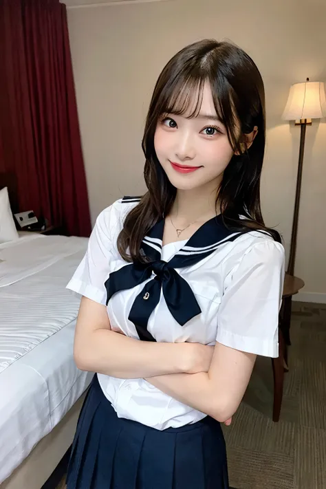 ung girl,very cute and beautiful japanese actress,highly detailed beautiful face,
sailor school uniform,short sleeve,looking at viewer,(smile:1.2),happy,cowboy shot,laced white panties,arms behind back,
hotel bedroom,real person,photorealistic,8k,raw phot...