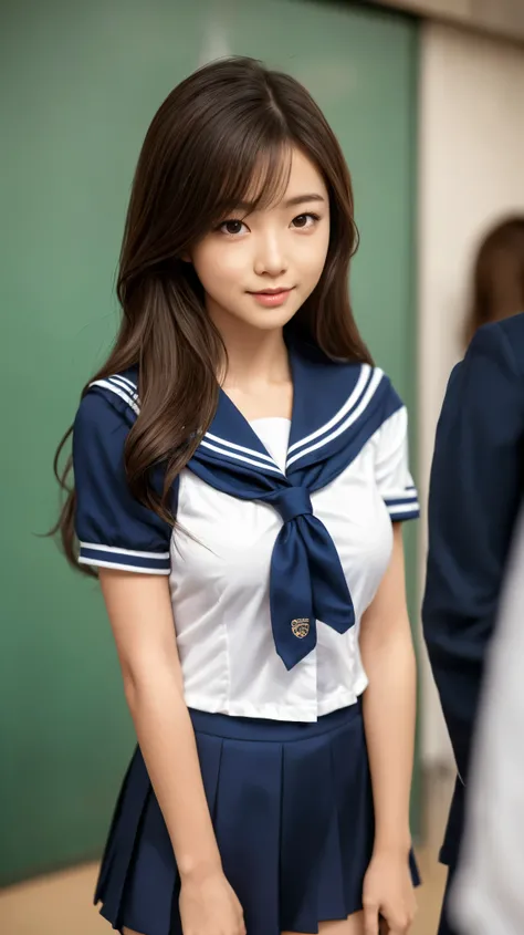 masterpiece, best quality, very detailed,( exist, photo exist:1.37),( cowboy shooting :1.3),( Taimo emphasis :1.4),excellent anatomy, beautiful woman, Female Student Dies , small smile ( Well-balanced :1.3),( high school girl uniform , sa...
