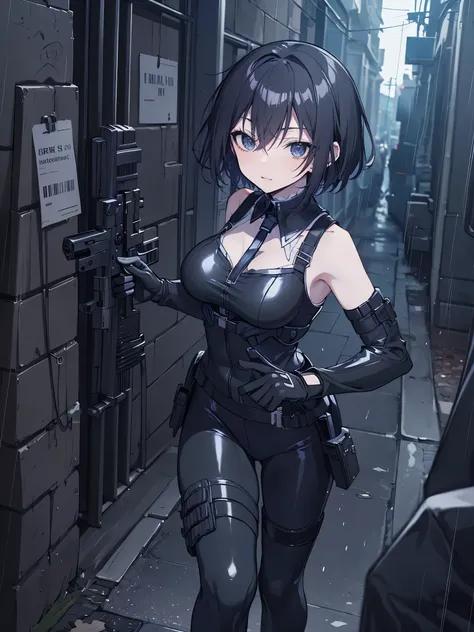((best quality)), ((masterpiece)), (detailed), anime girl gesture, walking, mirando al espectador, shy look, short black hair, big breasts, sexy, ,ojos detaileds, blue eyes, (((pale skin))), tactical hip covers, tactical equipment , chest harness , ((ba...