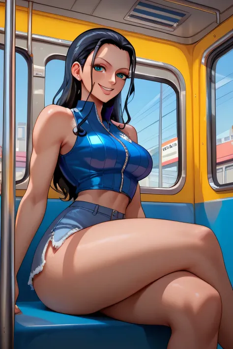 NICO  ROBIN  black  hair,smile, blue eyes,((subway)), ,seductive, modeling, thick thighs ,((perfect eyes:1.19)), ((subway:1.09)),completed 120%,completed 130%, completed 150%, ((Sleeveless , feminine clothes))

