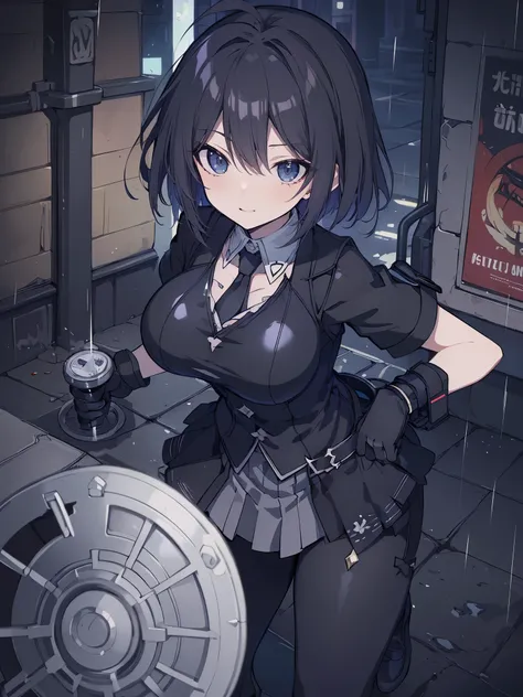 ((best quality)), ((masterpiece)), (detailed), anime girl gesture, walking, mirando al espectador, shy look, short black hair, big breasts, sexy, ,ojos detaileds, blue eyes, (((pale skin))), tactical hip covers, tactical equipment , chest harness , ((ba...