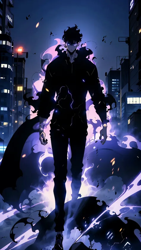 Blue Aura 1boy,male focus,black hair,solo,glowing,short hair,glowing eyes,pants,pitch black shirt,blue eyes ,standing,pitch black pants,blue aura,closed mouth,long sleeves,black shirt,silhouette,(((city background))),city background,motion blur,blue magic,...