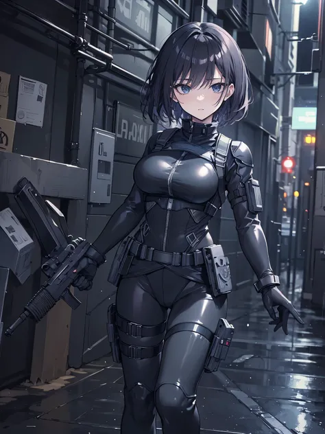 ((best quality)), ((masterpiece)), (detailed), anime girl gesture, walking, (looking away), shy look, short black hair, big breasts, sexy, ,ojos detaileds, blue eyes, (((pale skin))), tactical hip covers, tactical equipment , chest harness , ((battlesui...