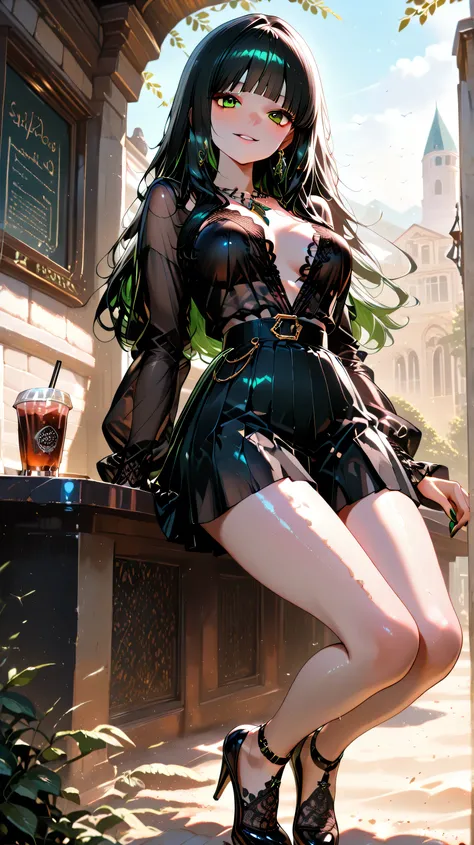 masterpiece, best quality, very aesthetic, absurdres, (masterpiece), (high detailed), (4k), (enhance shadows), (enhance contrast). Dominican woman, sand-color skin, athletic skittle-shaped body type, black long hair, green eyes, 22 years old, cup-B size 32...