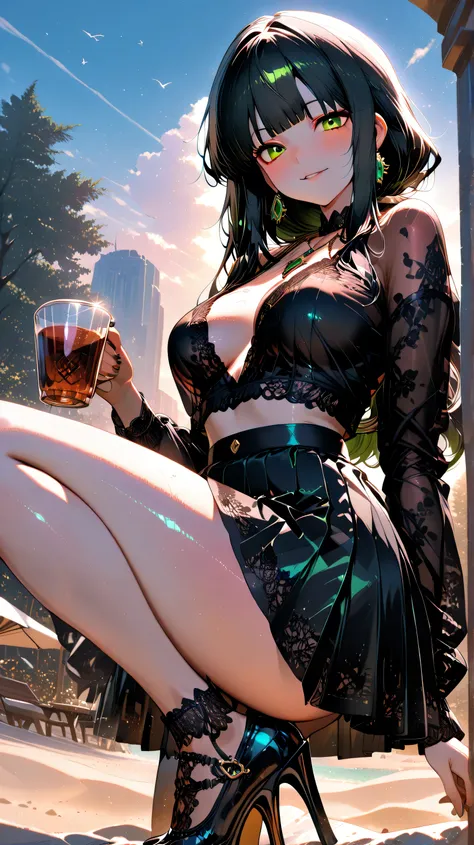 masterpiece, best quality, very aesthetic, absurdres, (masterpiece), (high detailed), (4k), (enhance shadows), (enhance contrast). Dominican woman, sand-color skin, athletic skittle-shaped body type, black long hair, green eyes, 22 years old, cup-B size 32...