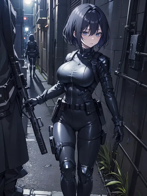 ((best quality)), ((masterpiece)), (detailed), anime girl gesture, walking, (looking away), shy look, short black hair, big breasts, sexy, ,ojos detaileds, blue eyes, (((pale skin))), tactical hip covers, chest harness , ((battlesuit tight black)) ((blac...