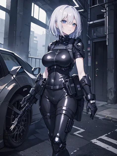 ((best quality)), ((masterpiece)), (detailed), anime girl gesture, walking, (looking away), shy look, short black hair, big breasts, sexy, ,ojos detaileds, blue eyes, (((pale skin))), tactical hip covers, chest harness , ((battlesuit tight black)) ((blac...