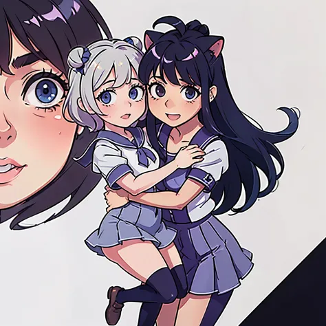 (masterpiece, best quality:1.3), 2girl, young, little female, baby face, beautiful girl, cute, kawaii, happy, sideburns, small double buns, bangs between eyes, piecey bangs, big eyes, blue eyes, fake cat ears, petite, big breasts, navel, wide hips, sailor ...