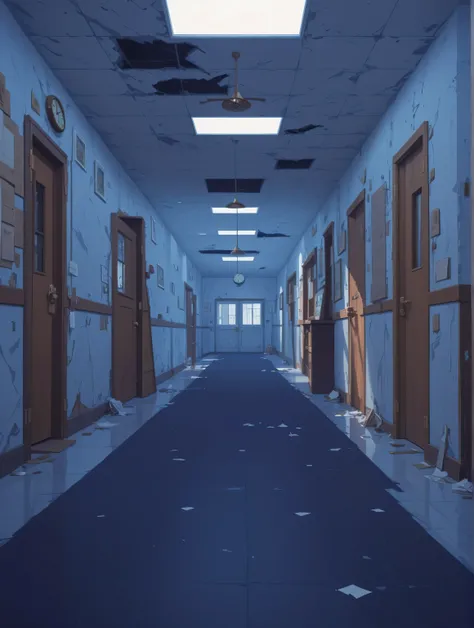 masterpiece,  abandoned school , corridor, plastic and glass doors, boarded up with boards, doors are boarded up with brown boards, Wall clock, Abandonment, ruin, glossy floor tiles 
