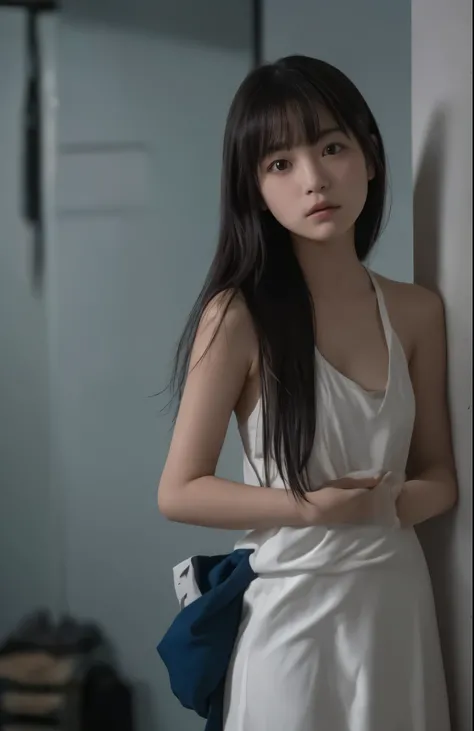 "A lonely and vulnerable named Saki, with long black hair cascading down her back, large black eyes reflecting sadness and a hint of acceptance, and plump lips trembling slightly, sitting on a simple iron bunk bed in a stark, concrete-walled ren’s care fa...