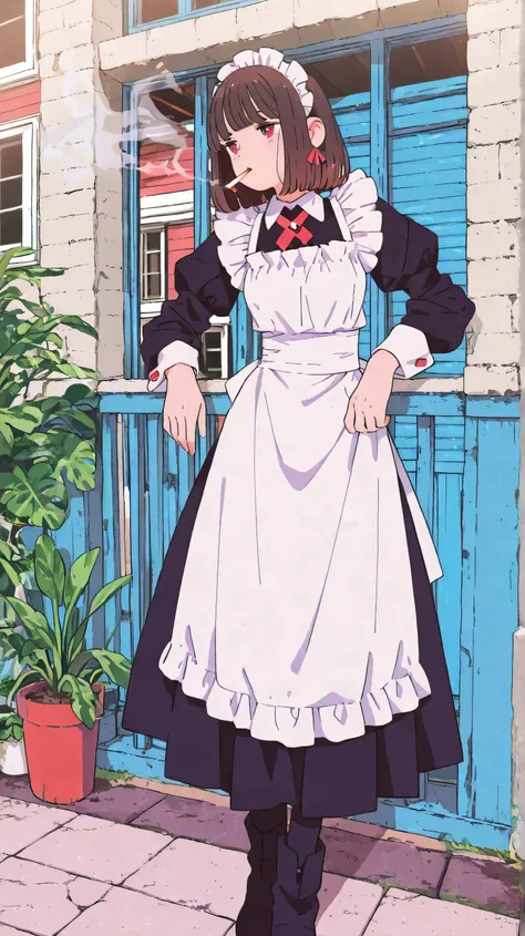 1 girl、maid、Western-style veranda、クラシックmaid、cool、Highest Quality、 smoke cigarettes、break、Bob cut hairstyle that doesn't go over the shoulders、Dark brown hair、