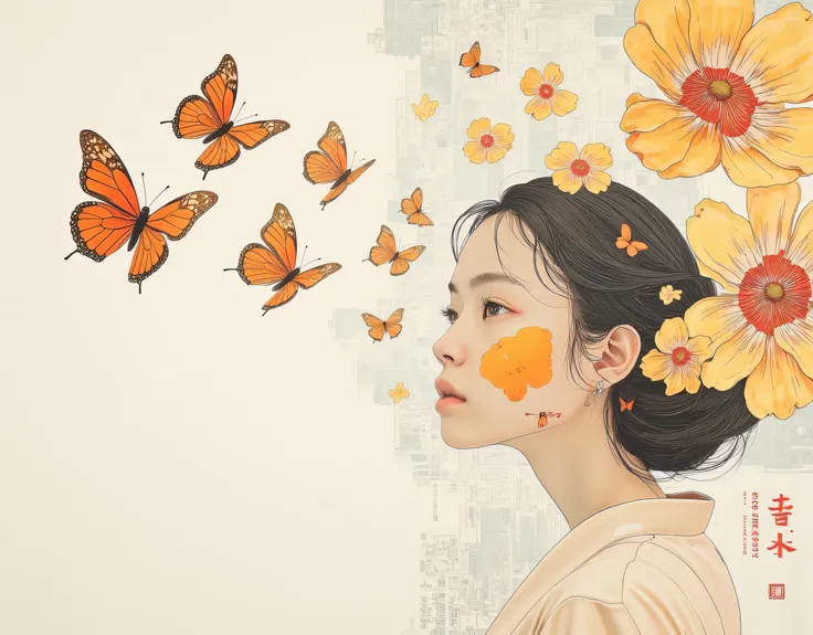obra-prima, mais alta qualidade, High resolution, 4k,8k,(realista, photo realista: 1.5), best illustration,a poster that mimics a poster torn at the edges and butterflies are released from the poster, softly drawn in the Japanese oriental style,Transparen...