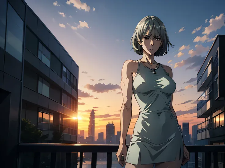nsfw、HD Images、high definition、One woman、((Apartment veranda at dusk))、Very beautiful sunset scene、((greenish silver hair))、angry expression、Stern expression、muscular body、(small breasts)、((greenish silver hair))、her hair is fluttering in the wind、((Big ci...