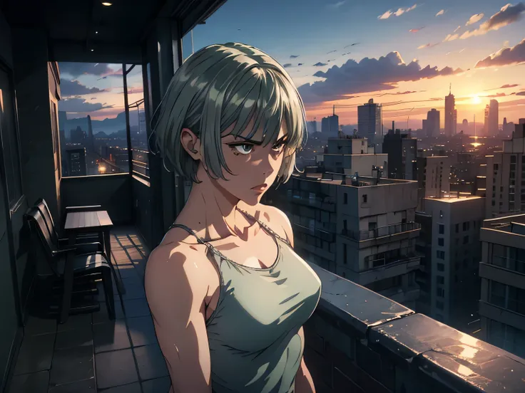 nsfw、HD Images、high definition、One woman、((Apartment veranda at dusk))、Very beautiful sunset scene、((greenish silver hair))、angry expression、Stern expression、muscular body、(small breasts)、((greenish silver hair))、her hair is fluttering in the wind、((Big ci...