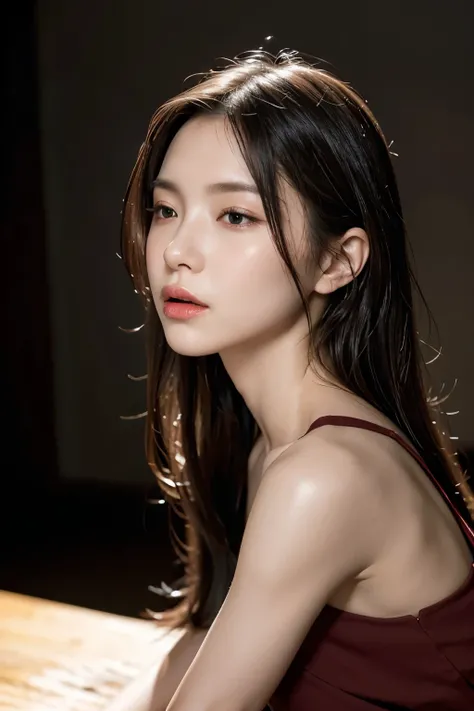 in a dim lit dark room, an elegant adult lady, sitting gracefully, bowing forward, her face is facing downwards, eat something hungrily, open mouth wide, closed eyes, wearing nothing, exposed skin, wet long length hair, deep red and shiny black hair, vivid...