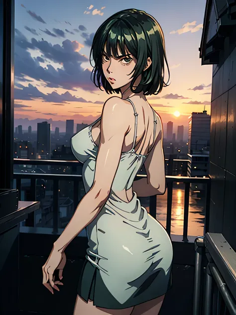 nsfw、HD Images、high definition、One woman、((Apartment veranda at dusk))、Very beautiful sunset scene、((greenish silver hair))、angry expression、Stern expression、muscular body、(small breasts)、((greenish silver hair))、her hair is fluttering in the wind、((Big ci...