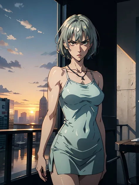 nsfw、HD Images、high definition、One woman、((Apartment veranda at dusk))、Very beautiful sunset scene、((greenish silver hair))、angry expression、Stern expression、muscular body、(small breasts)、((greenish silver hair))、her hair is fluttering in the wind、((Big ci...