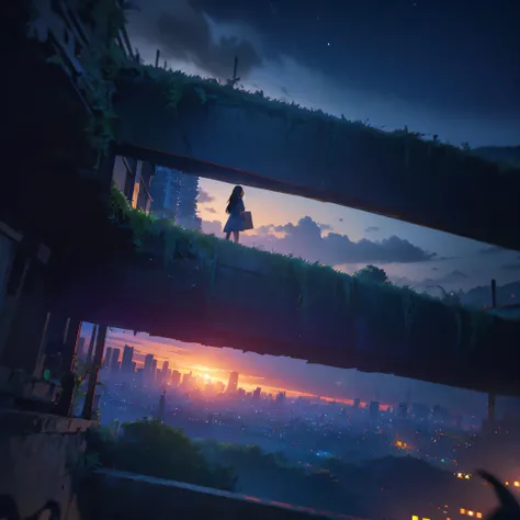 ((masterpiece, best quality, high definition, album jacket,  perfect pixel,  Depth of Subject , 8K, )),starless dark sky background、 Girl falling down and standing up、3D、full body shot、8K