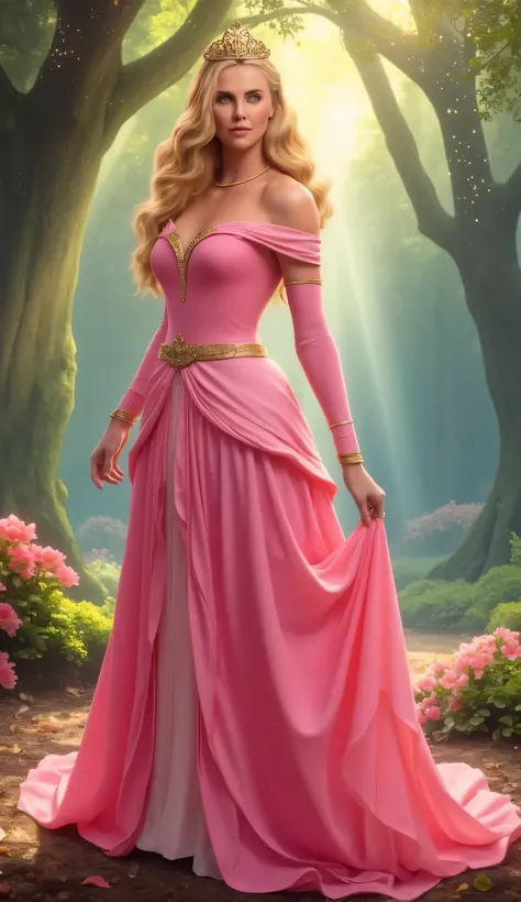"Full-body portrait of Charlize Theron as Princess Aurora from Disney's Sleeping Beauty, wearing a flowing pink royal gown with off-the-shoulder sleeves and golden accents, long wavy golden hair, a delicate gold crown, standing in an enchanted forest clear...