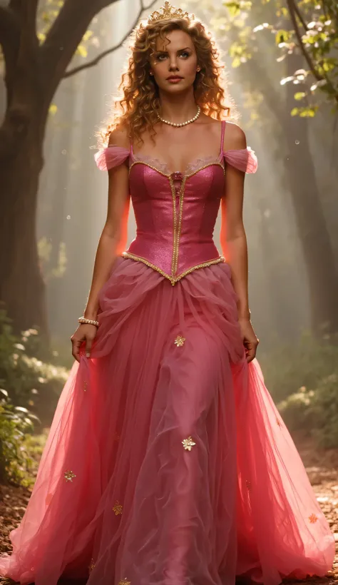 "Full-body portrait of Charlize Theron as Princess Aurora from Disney's Sleeping Beauty, wearing a flowing pink royal gown with off-the-shoulder sleeves and golden accents, long wavy golden hair, a delicate gold crown, standing in an enchanted forest clear...