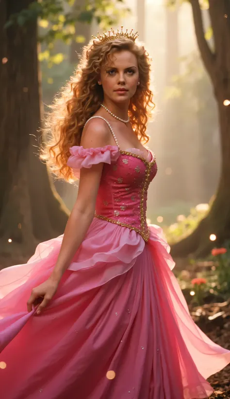 "Full-body portrait of Charlize Theron as Princess Aurora from Disney's Sleeping Beauty, wearing a flowing pink royal gown with off-the-shoulder sleeves and golden accents, long wavy golden hair, a delicate gold crown, standing in an enchanted forest clear...