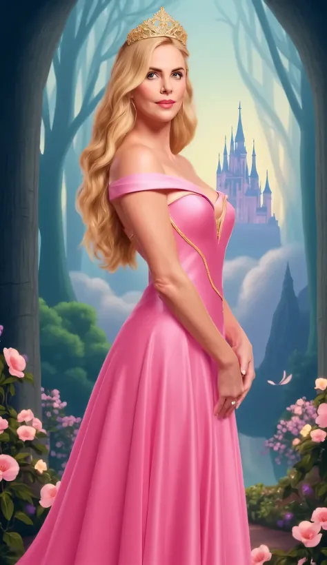 "Full-body portrait of Charlize Theron as Princess Aurora from Disney's Sleeping Beauty, wearing a flowing pink gown with golden accents and off-the-shoulder sleeves, long golden wavy hair, a delicate golden crown, standing in front of a stylized backgroun...