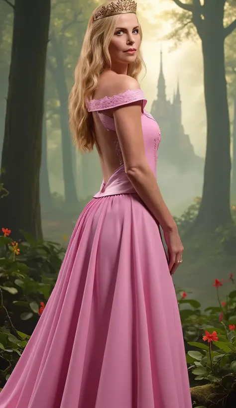 "Full-body portrait of Charlize Theron as Princess Aurora from Disney's Sleeping Beauty, wearing a realistic version of the classic pink gown with elegant embroidery and off-the-shoulder design, long golden wavy hair and a delicate gold crown, standing in ...