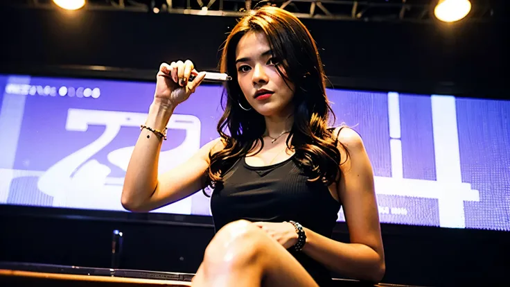 Make me a realistic illustration of an 18 year old girl with a beautiful face wearing a tank top and big and holding a cigarette sitting at a nightclub table full of drinks with a nightclub background