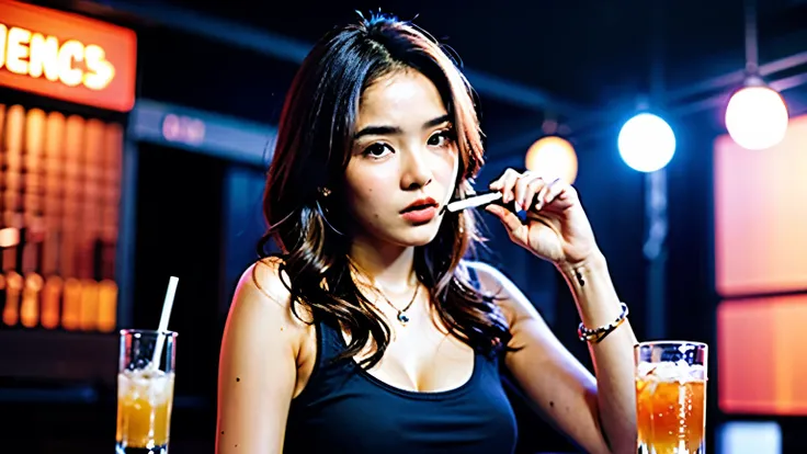 Make me a realistic illustration of an 18 year old girl with a beautiful face wearing a tank top and big and holding a cigarette sitting at a nightclub table full of drinks with a nightclub background